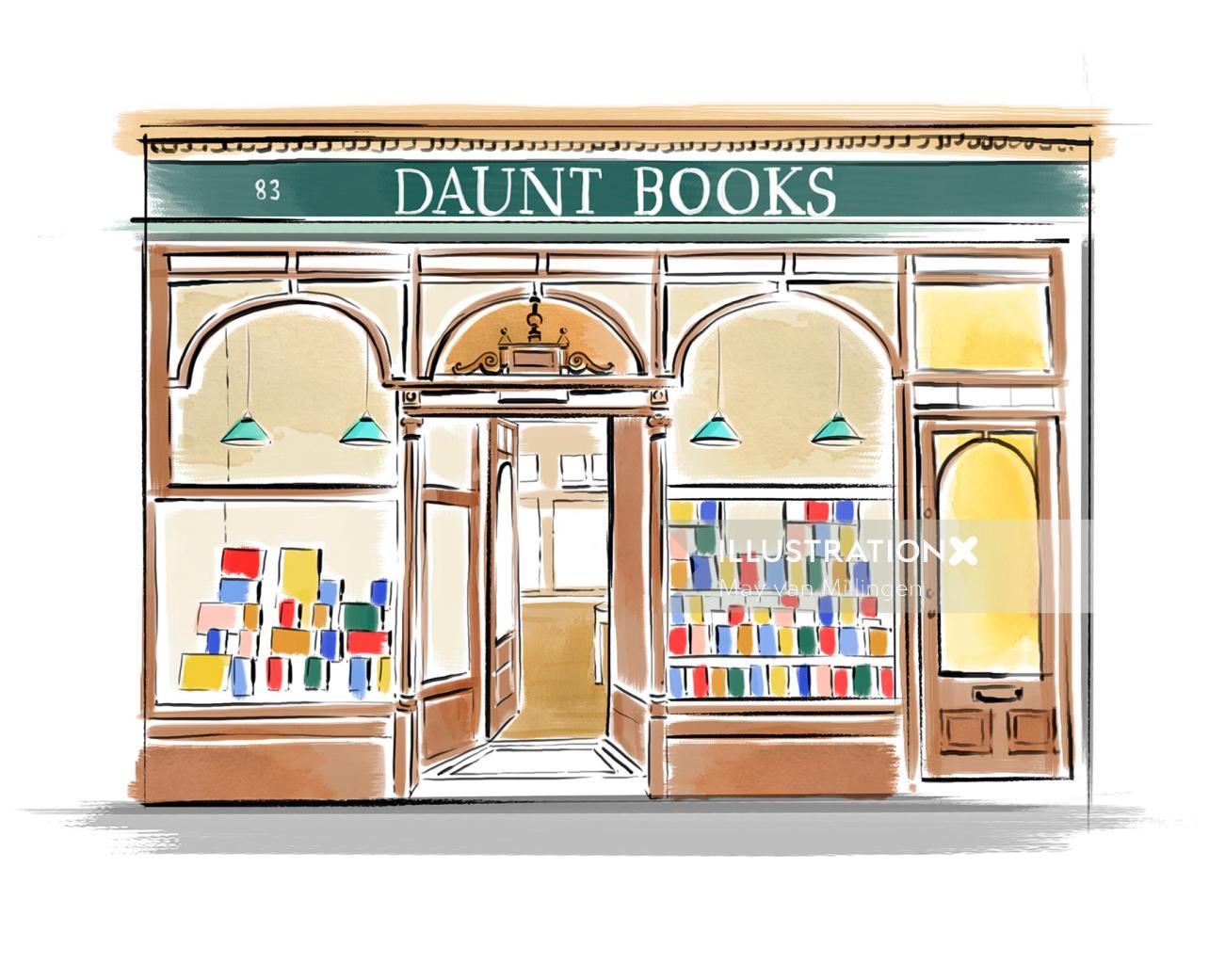Watercolor illustration of Daunt books London 