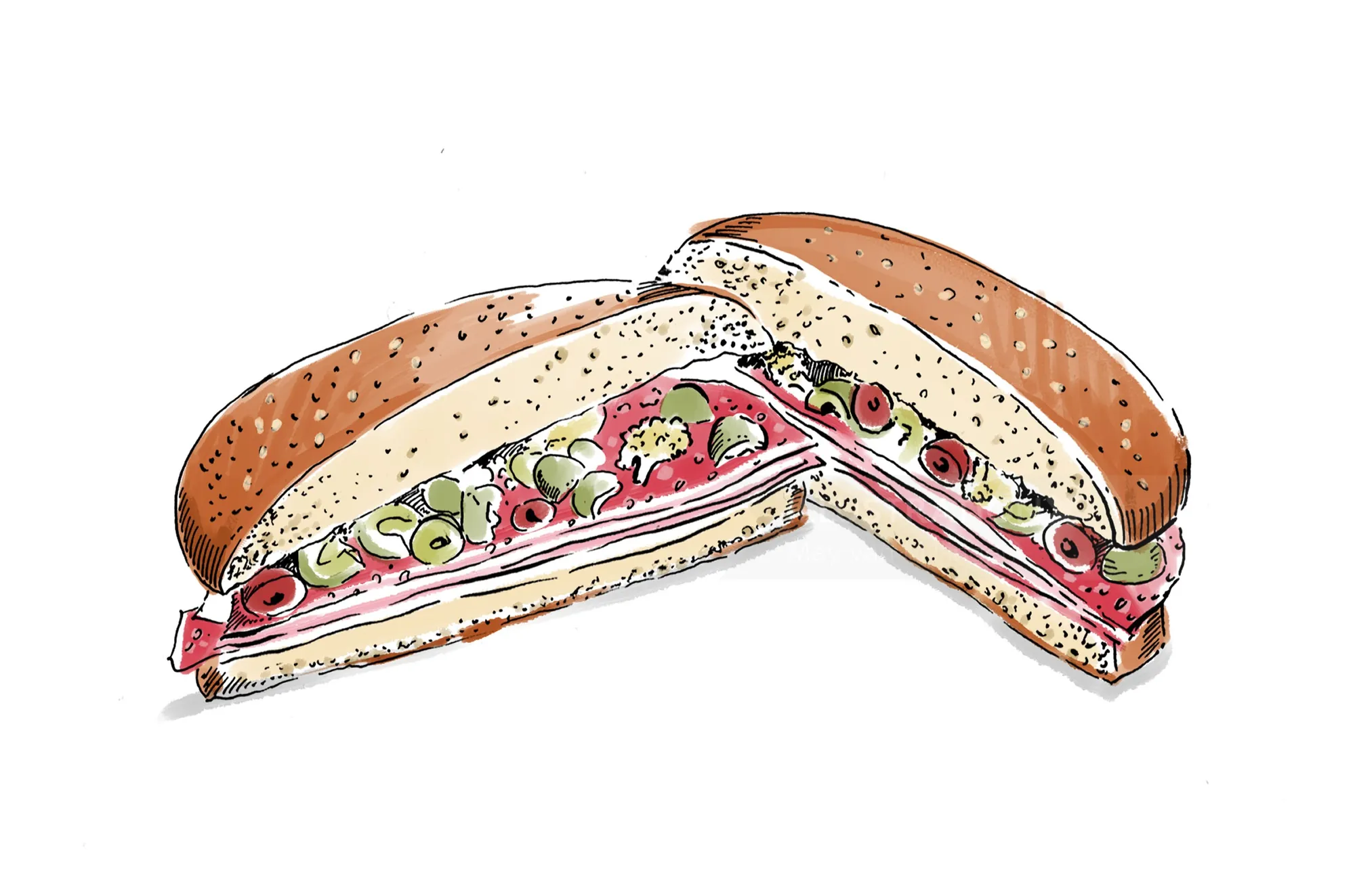 Sándwich cortado por la mitad con verduras y rellenos por May van Millingen
