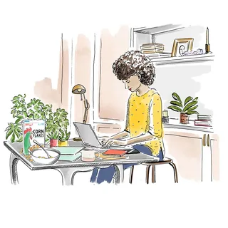 Illustration of woman working on laptop at home with plants and books by May van Millingen