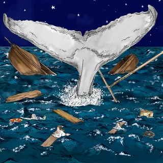 Whale tail splashing in stormy sea with broken wooden ship parts by May van Millingen