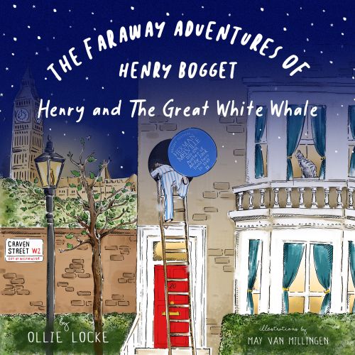 Book cover illustration with house, night sky, and ladder by May van Millingen