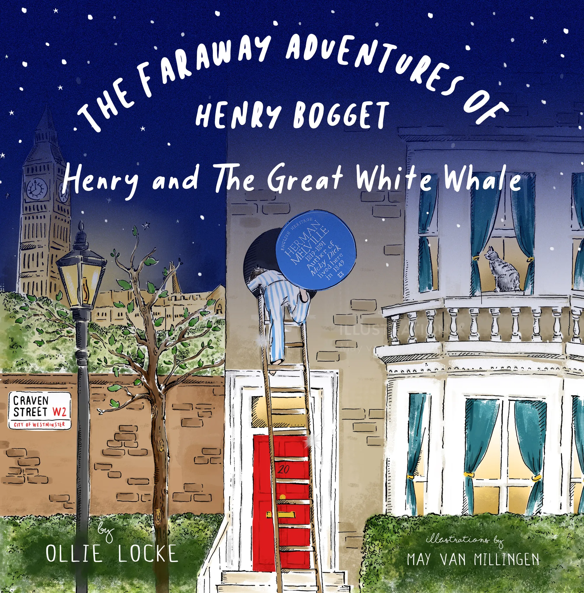 Book cover illustration with house, night sky, and ladder by May van Millingen