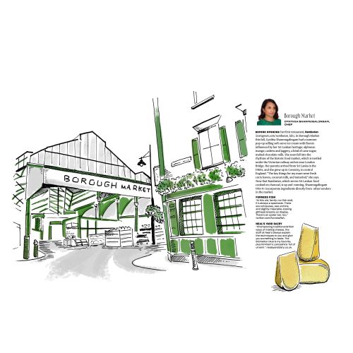 Borough Market entrance sketch with green accents by May van Millingen