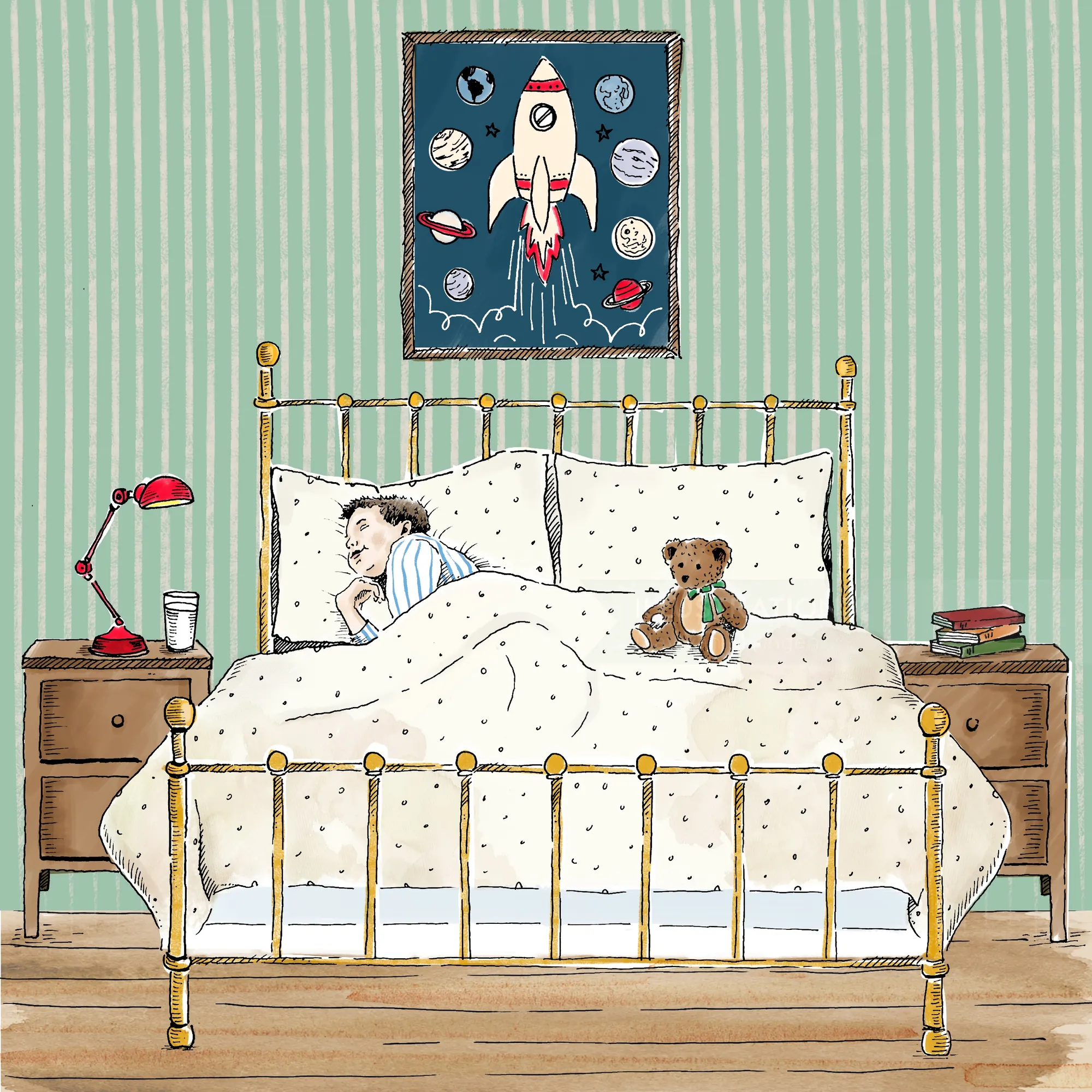 Child sleeping in bed with teddy bear and space-themed poster by May van Millingen