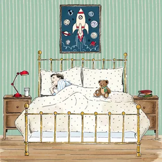 Child sleeping in bed with teddy bear and space-themed poster by May van Millingen