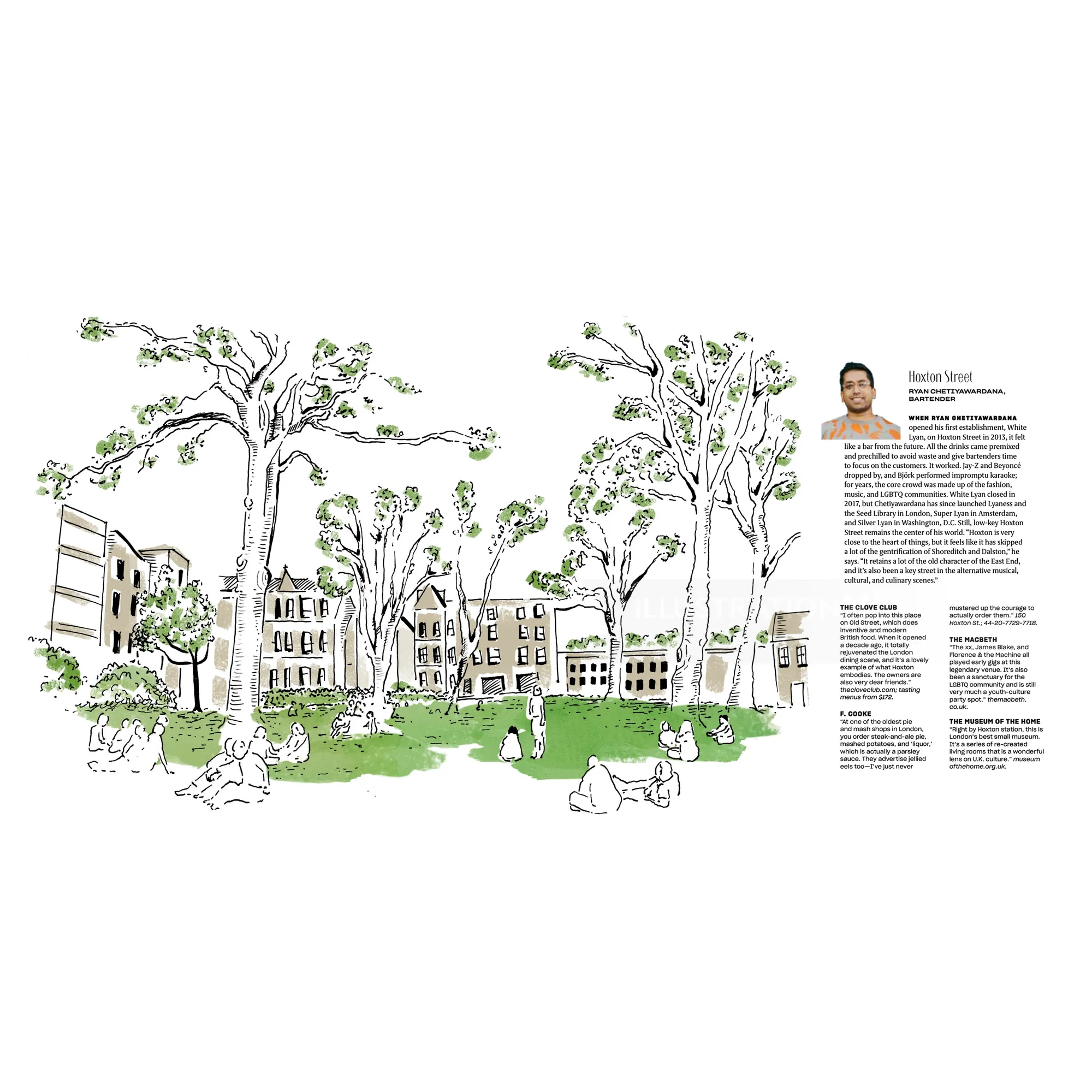 Urban park with trees, buildings, and people, illustration by May van Millingen.