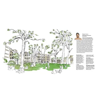 Urban park with trees, buildings, and people, illustration by May van Millingen.