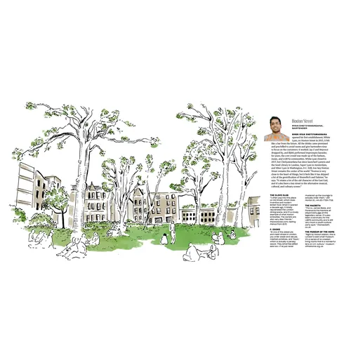 Urban park with trees, buildings, and people, illustration by May van Millingen.