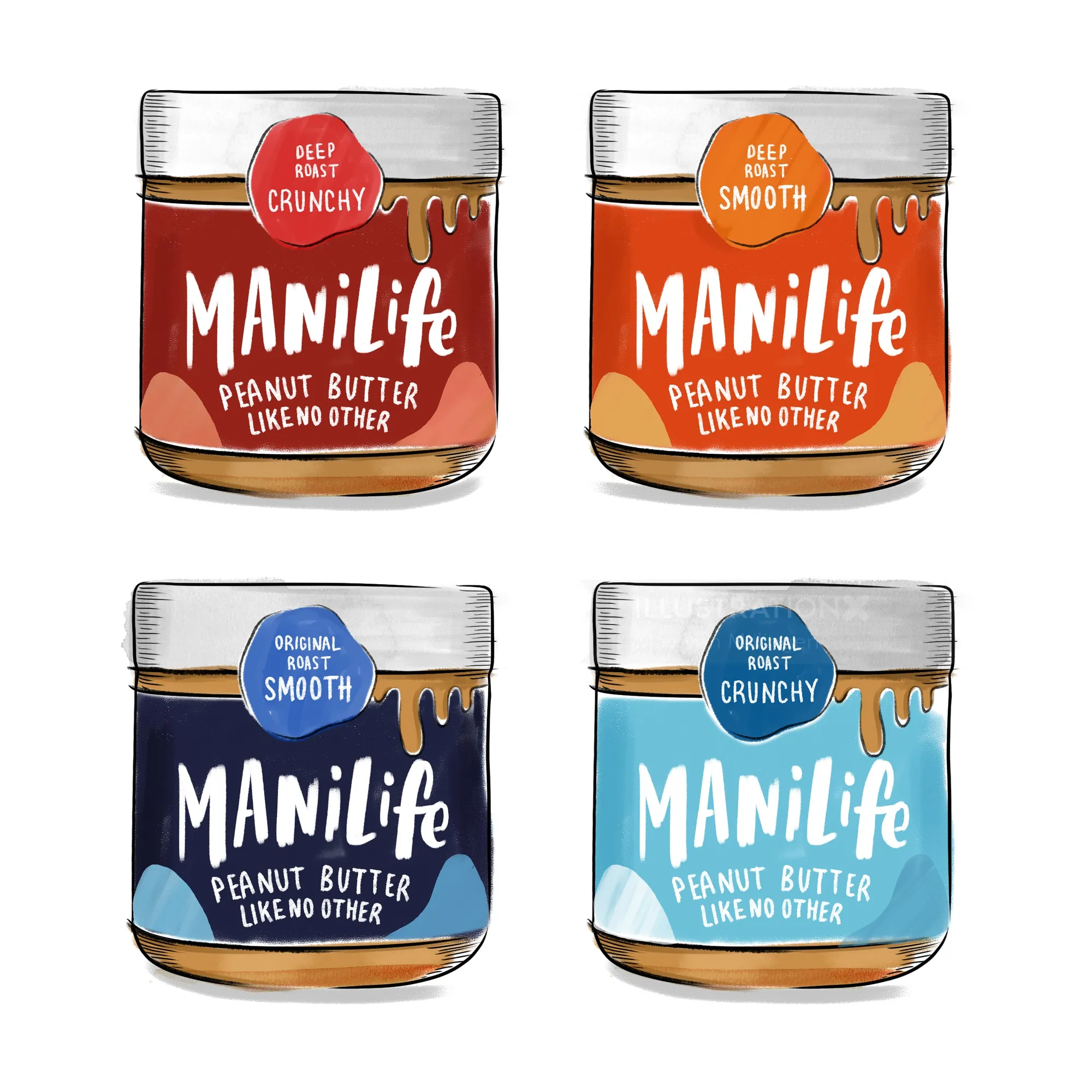 Illustrations of Manilife peanut butter jars by May van Millingen