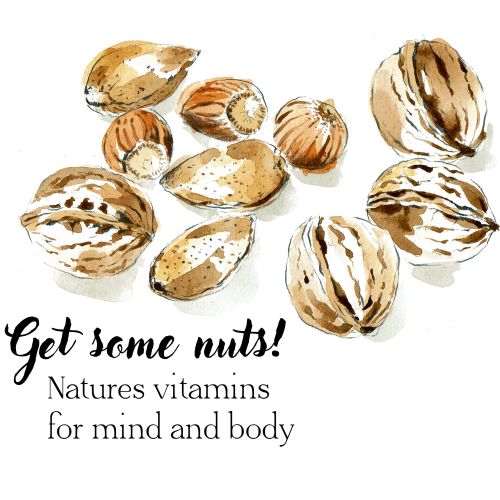 Hand-drawn assorted nuts with text about nature's vitamins by May van Millingen