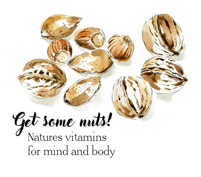 Hand-drawn assorted nuts with text about nature's vitamins by May van Millingen
