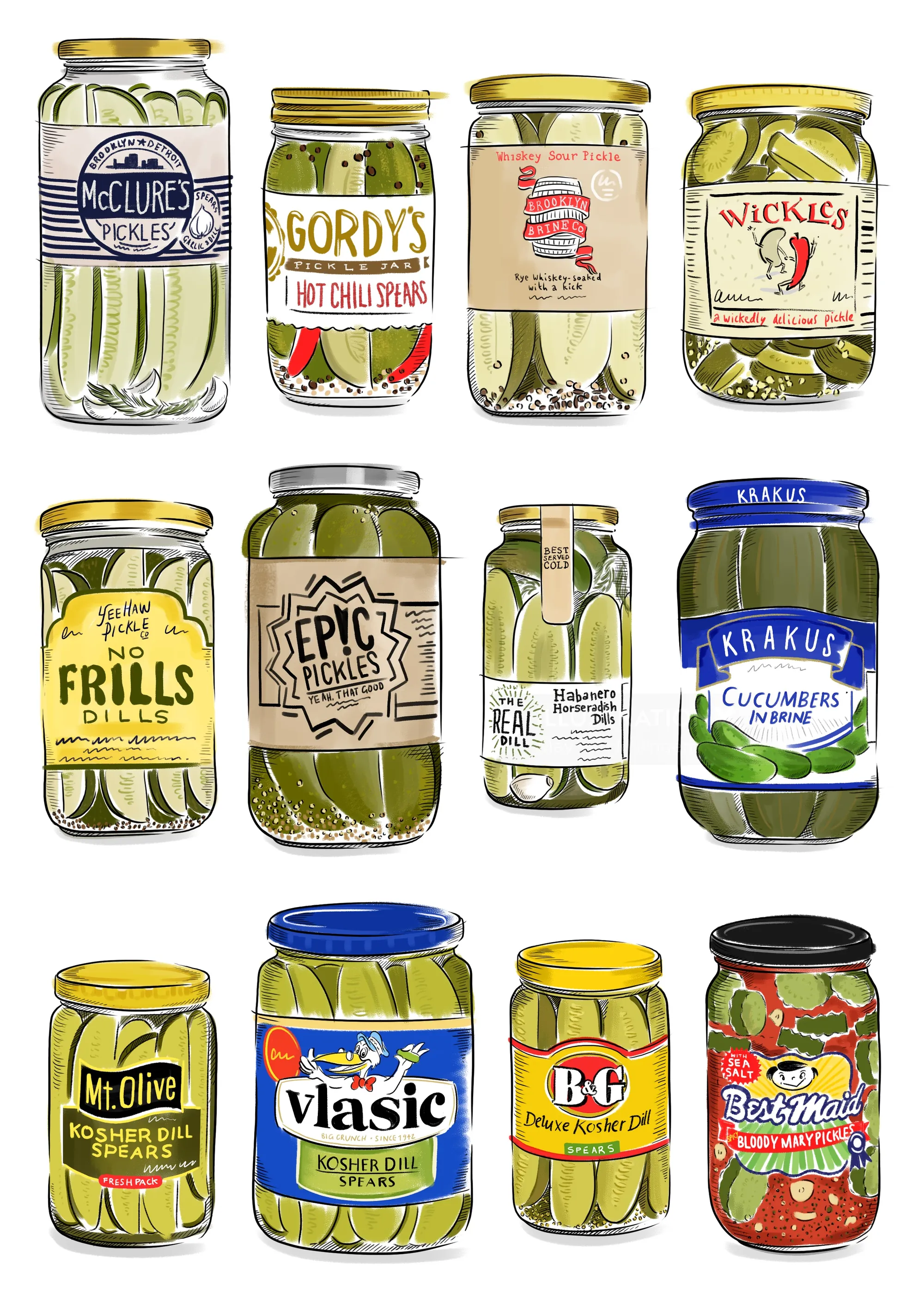 Various jars of pickles and cucumbers illustrated by May van Millingen