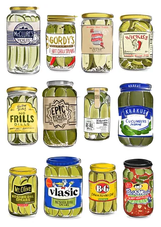 Various jars of pickles and cucumbers illustrated by May van Millingen