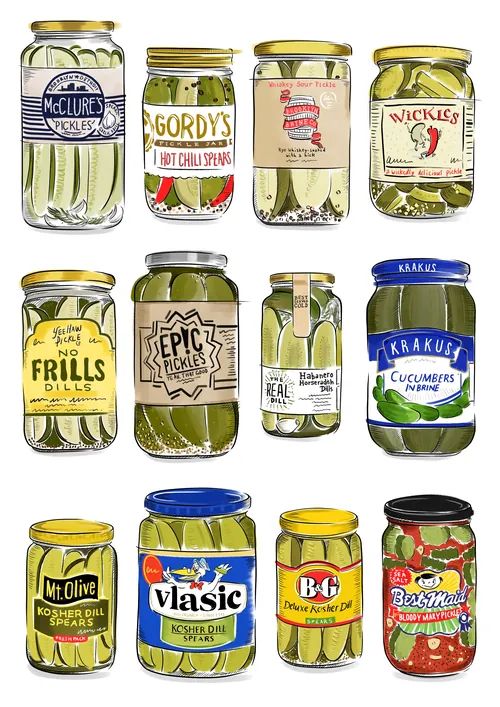 Various jars of pickles and cucumbers illustrated by May van Millingen