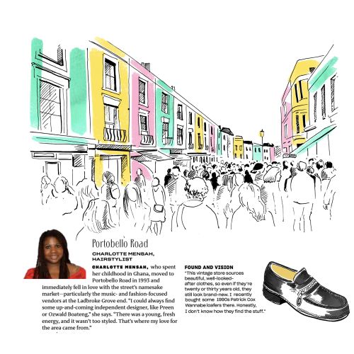 Colorful buildings and crowd on Portobello Road illustration by May van Millingen