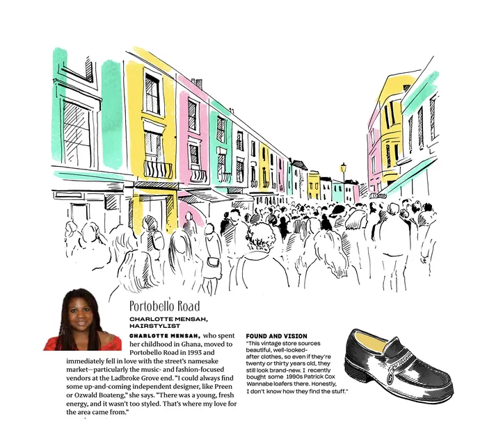 Colorful buildings and crowd on Portobello Road illustration by May van Millingen