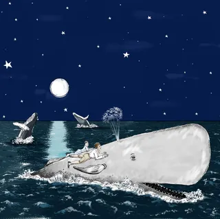 Illustration of man riding a large whale under starry sky by May van Millingen