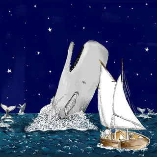 Sailboat sailing near a large whale leaping from ocean under stars by May van Millingen