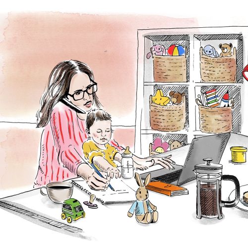 Woman and child working together at desk with laptop and toys