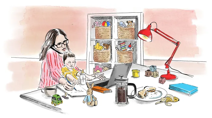 Woman and child working together at desk with laptop and toys
