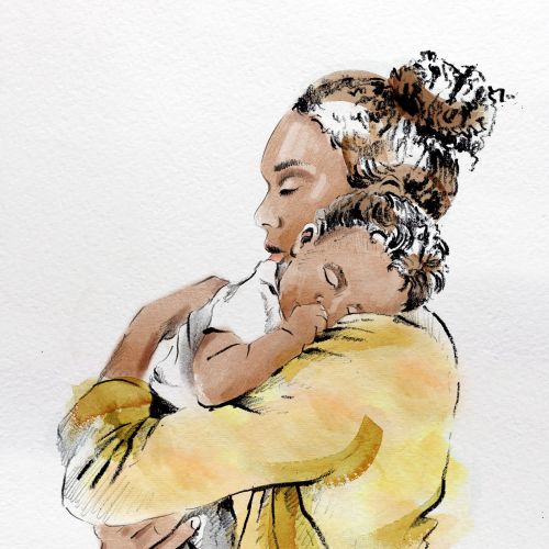 Mother tenderly holding sleeping baby in yellow shirt