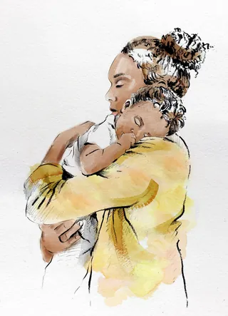 Mother tenderly holding sleeping baby in yellow shirt