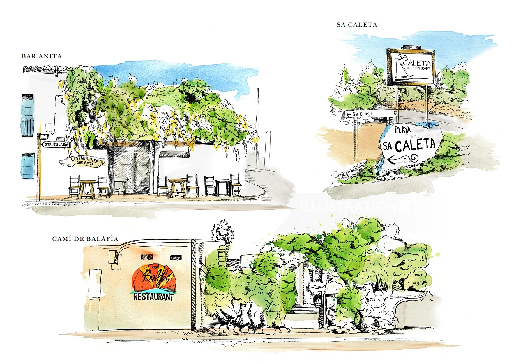 Illustrations of iconic Ibiza locations with bars and signs