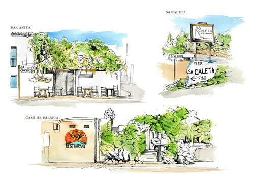 Illustrations of iconic Ibiza locations with bars and signs