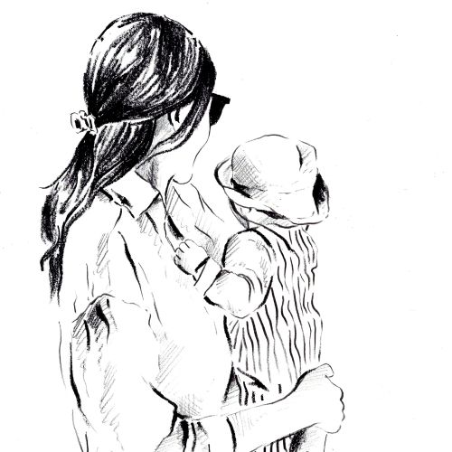 Black and white sketch of mother holding child both wearing stripes