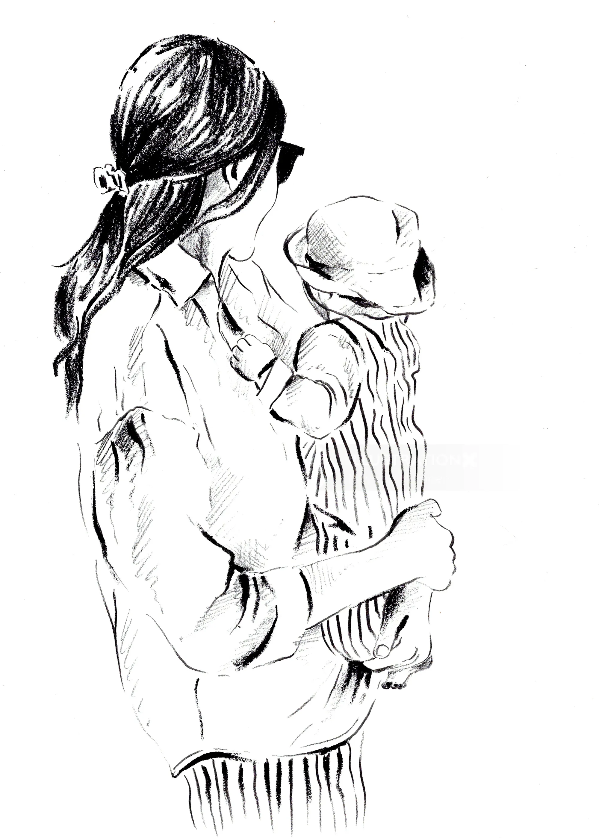 Black and white sketch of mother holding child both wearing stripes