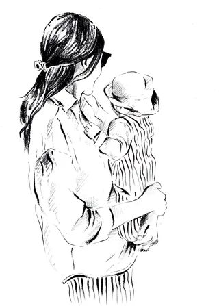 Black and white sketch of mother holding child both wearing stripes