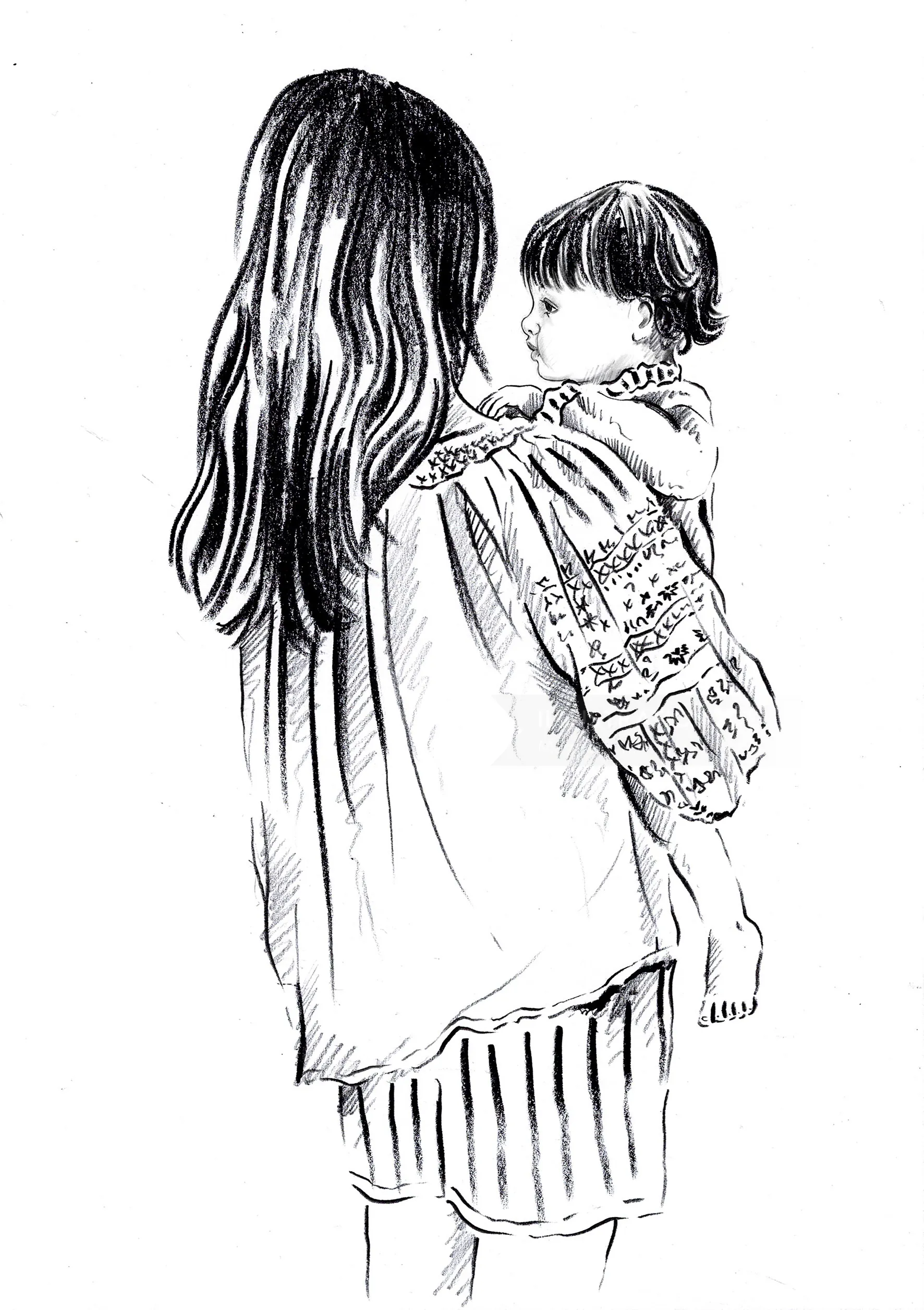 Mother holding child wearing embroidered blouse in sketch