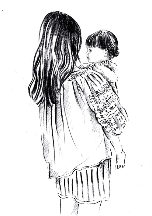 Mother holding child wearing embroidered blouse in sketch