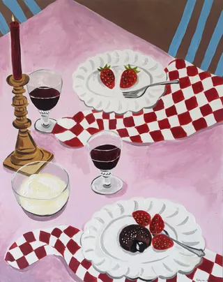Strawberries, red wine glasses, chocolate dessert, and checkered napkins on table