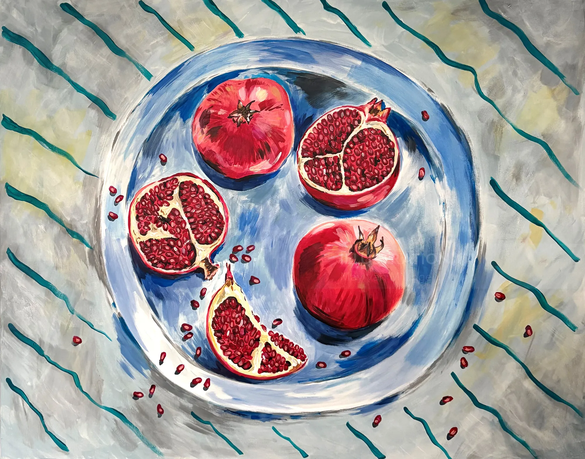 Pomegranates arranged on a blue plate on striped cloth by May van Millingen