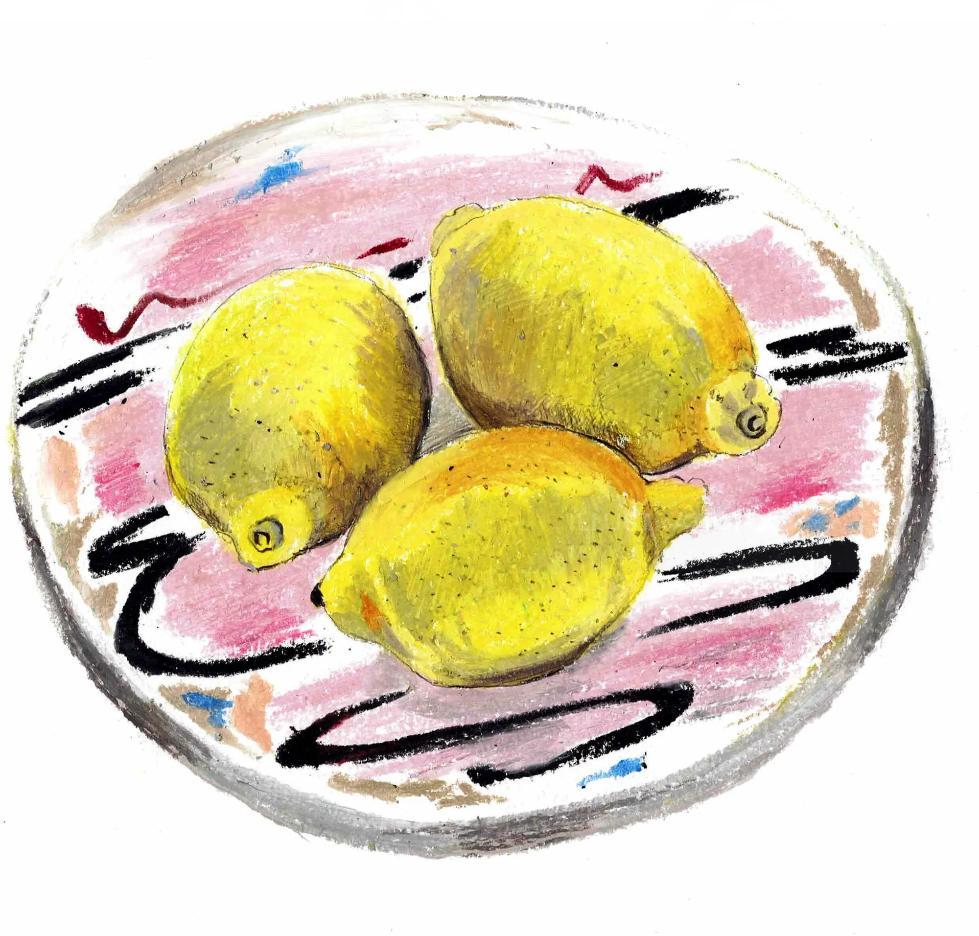 Watercolor painting of three yellow lemons on a patterned plate by May van Millingen