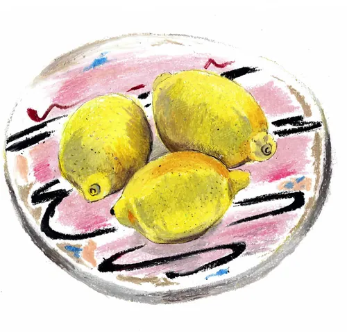 Watercolor painting of three yellow lemons on a patterned plate by May van Millingen