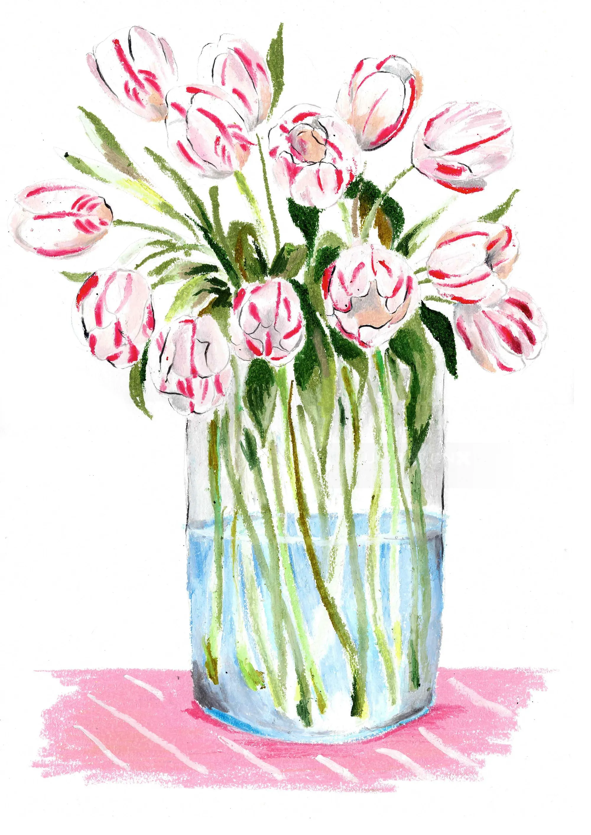 Pink and white tulips in a glass vase by May van Millingen