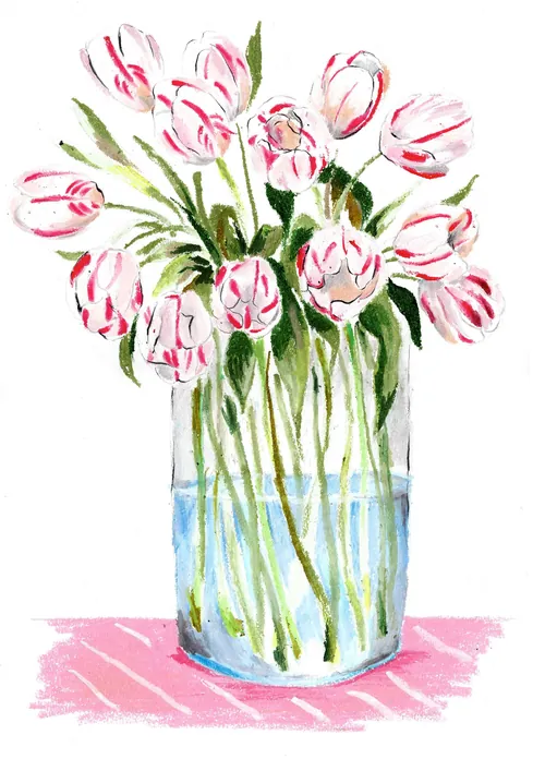 Pink and white tulips in a glass vase by May van Millingen