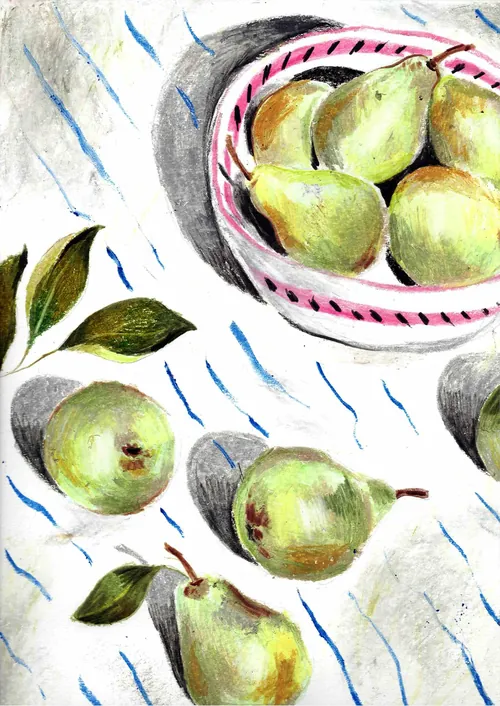 Watercolor pears in a bowl and scattered on a white surface by May van Millingen