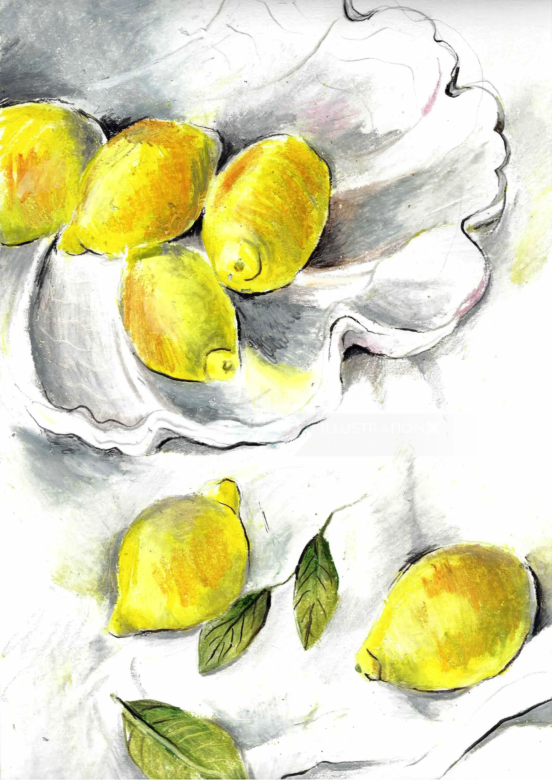 Watercolor painting of lemons on a white plate by May van Millingen