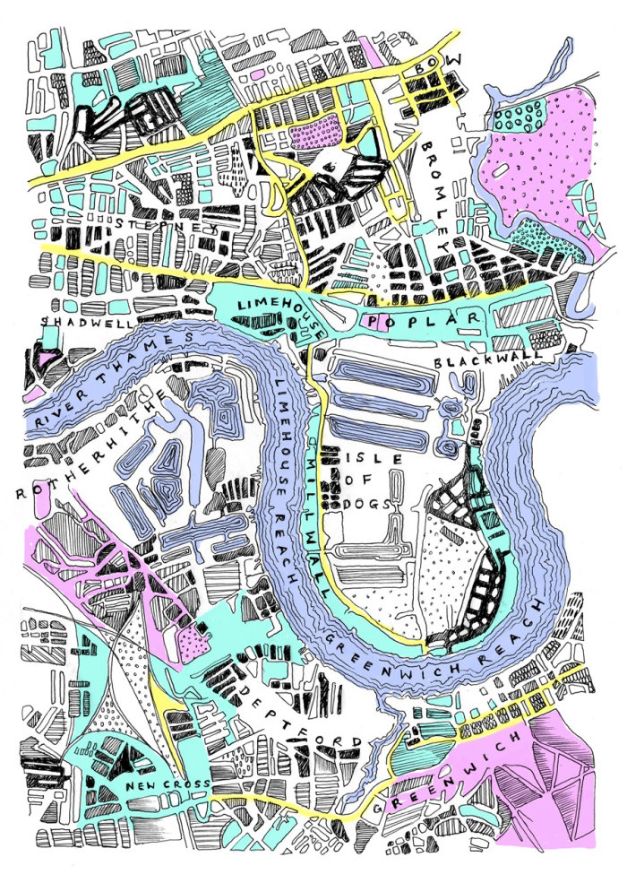 Illustration de la direction du débit de la rivière Londres par May van Millingen
