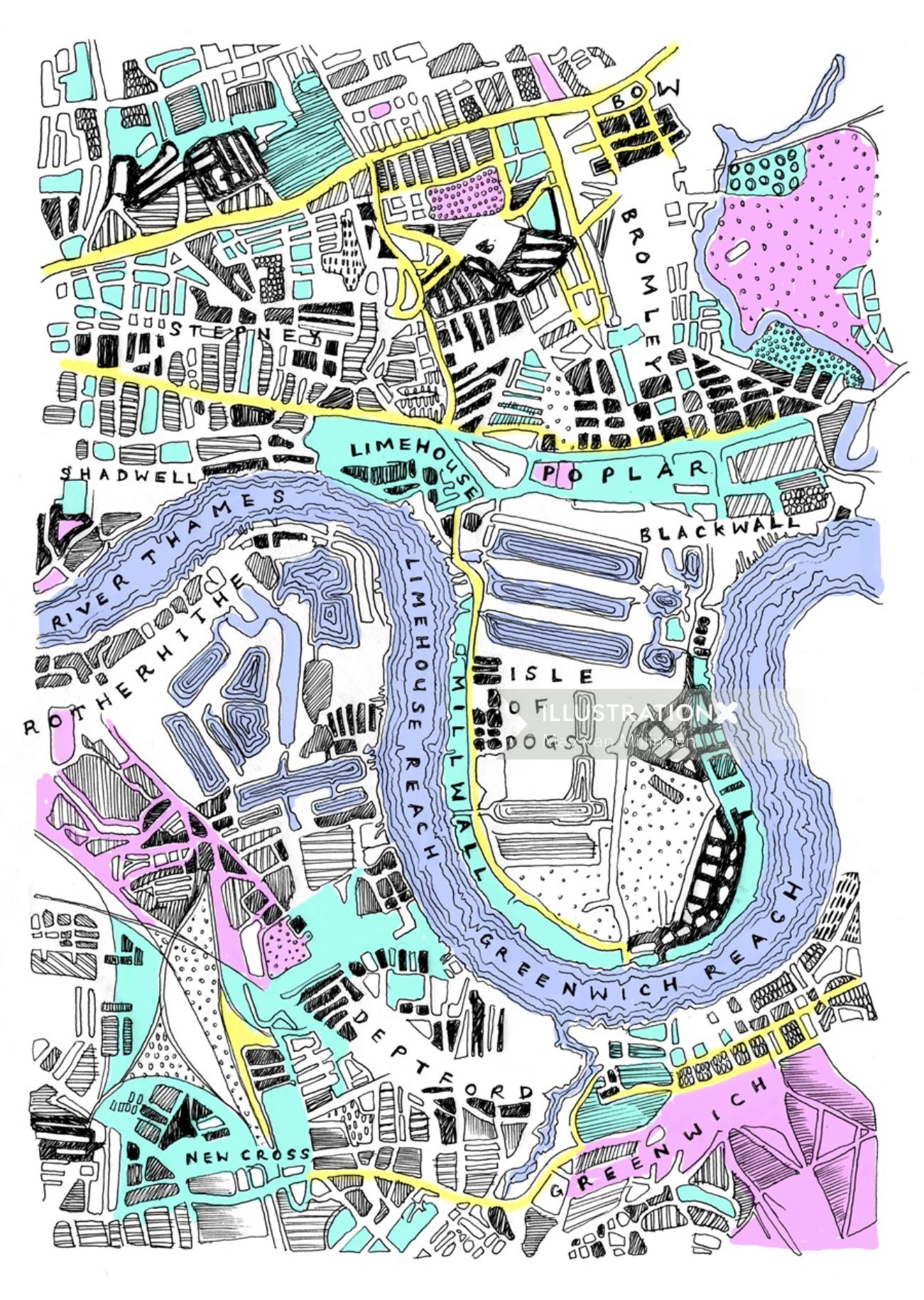 London river flow direction illustration by May van Millingen