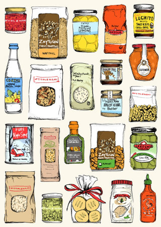 Ilustración de los ingredientes de la despensa Ottolenghi por May van Millingen