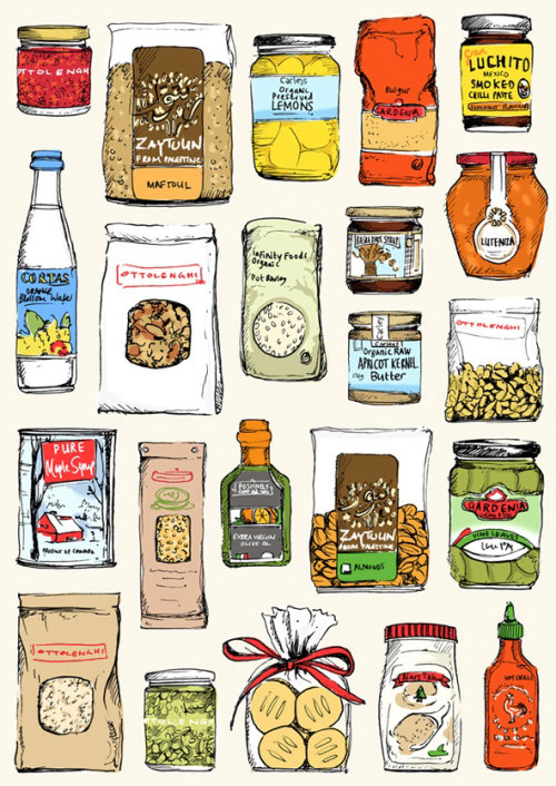 Illustration des ingrédients du garde-manger Ottolenghi par May van Millingen