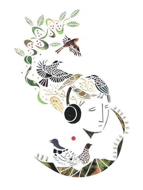 Cut paper art of woman listening music