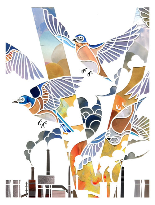 Birds flying in factories smoke illustration