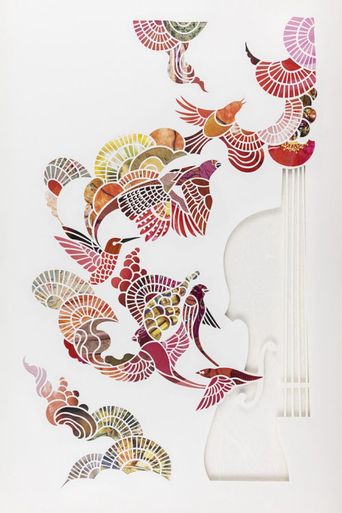 Paper-cut violin with birds