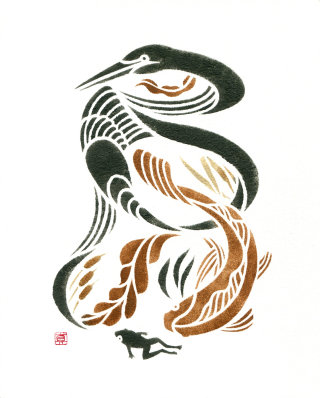 Watercolor illustration of Egret and Koi