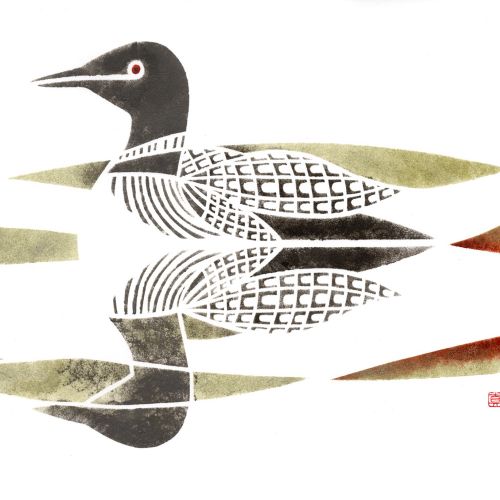 Colorful watercolor illustration of Loon on quiet water
